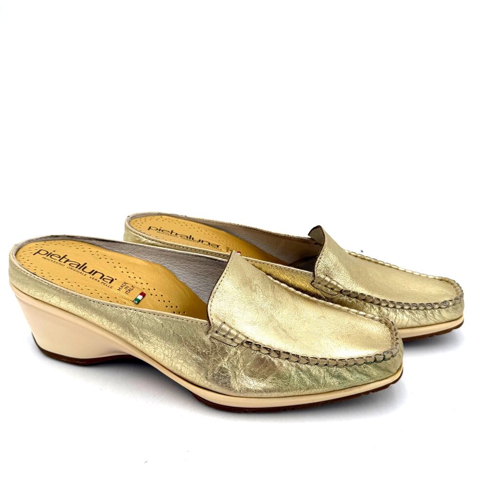 Pietraluna Gold Crocodile Italian Square Toe Slip On Mules Shoes Size 38 / 7.5